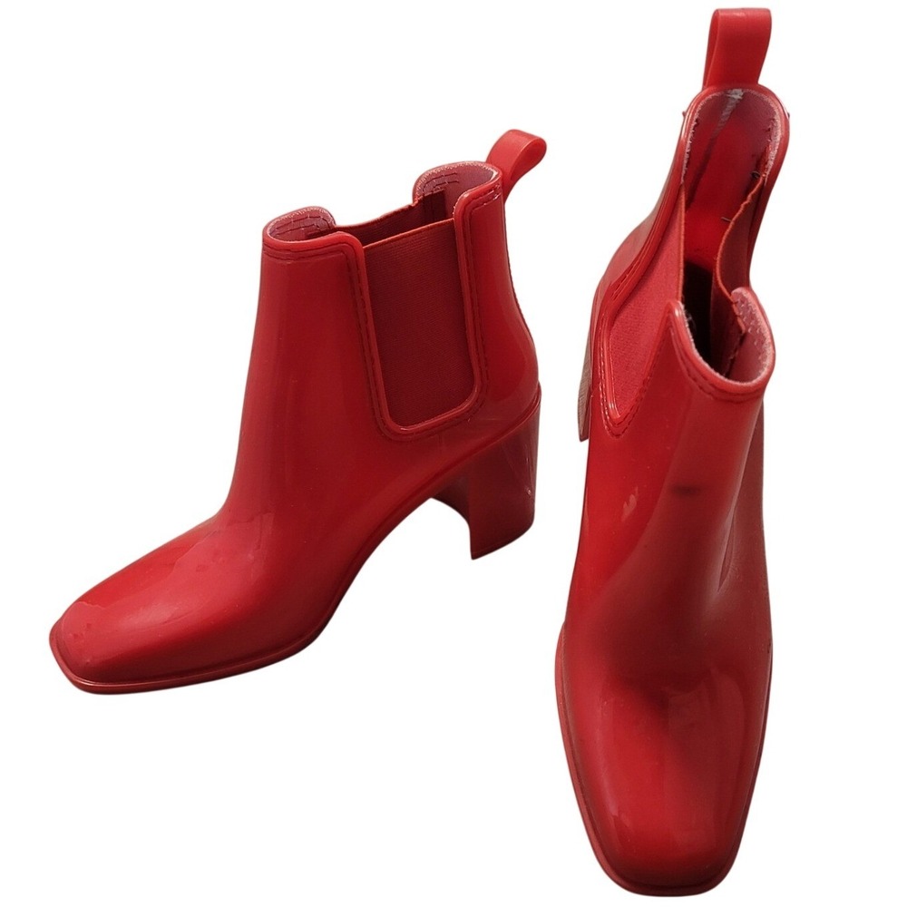 Jeffrey Campbell Red Jelly Rain Boots Square Toe Block Heel Women's Size 9‎